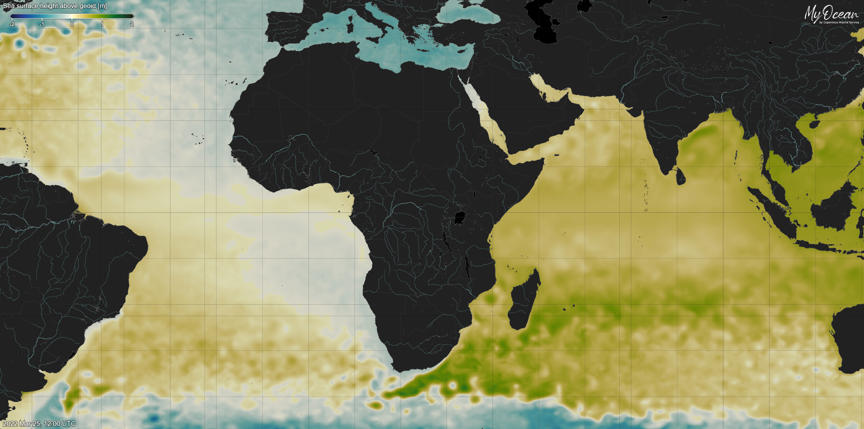 Sea Surface Height above geoid on MyOcean Viewer. Copernicus Marine Service.